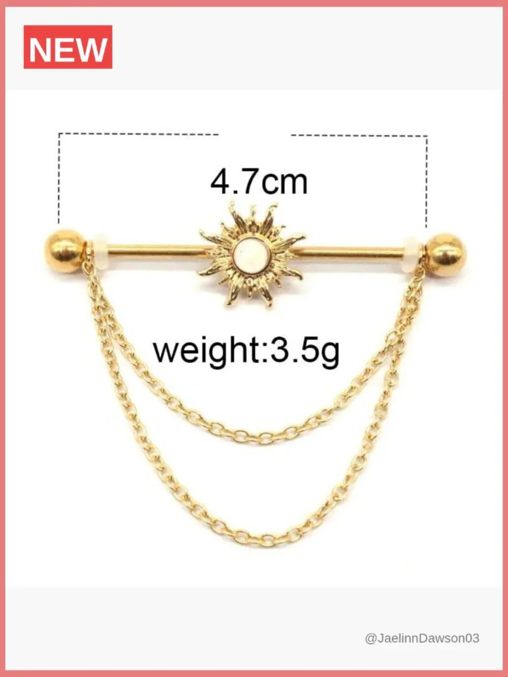 14G Gold Stainless Steel Sun Industrial Barbell Piercing Earrings Dangle Chain